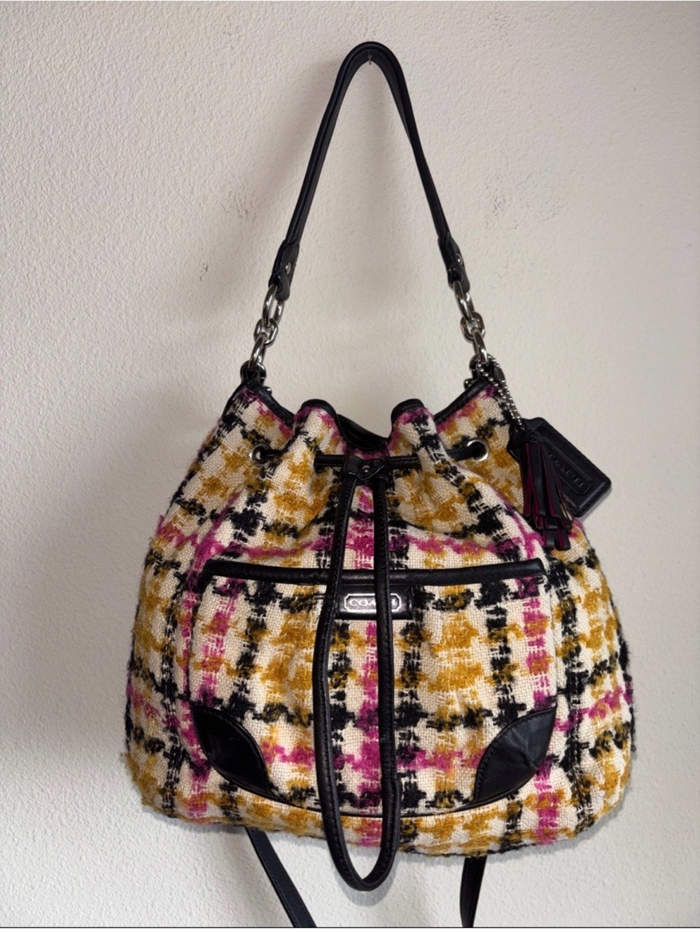 Coach Multicolor Tweed Drawstring Hobo with Black Leather Trim - Picture 1 of 11